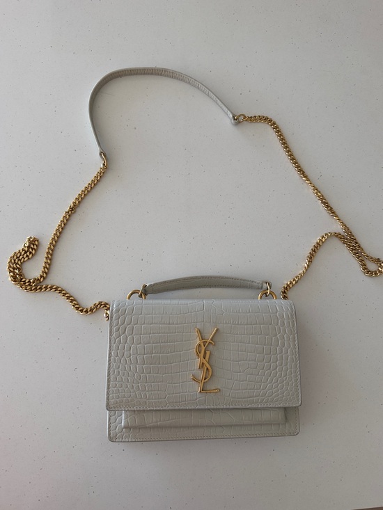 Saint Laurent Handbags - Saint Laurent Cream Croc-Embossed Leather Shoulder Bag with Gold Hardware